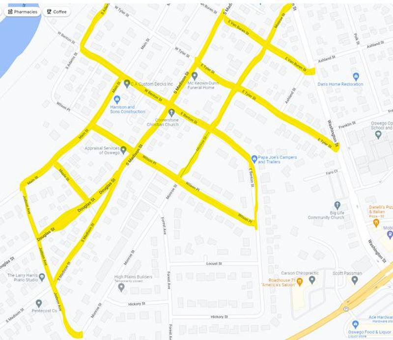 Downtown Oswego area streets marked in yellow on the map above are subject to a water boil order issued by the village on Tuesday, June 21.