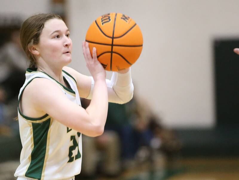 St. Bede's Lili McClain shoots a wide-open jump shot against Marquette on Monday, Dec. 2, 2024 at St. Bede Academy.