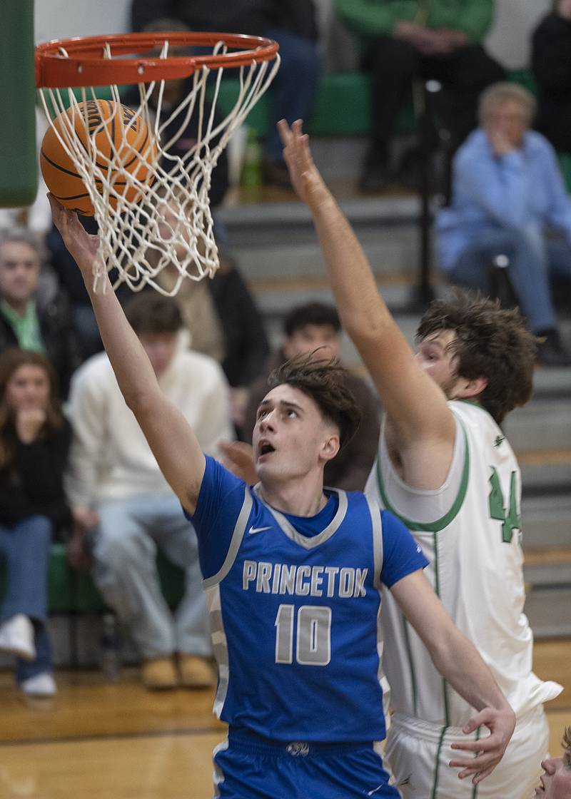 Princeton’s Gavin Lanham puts up a shot against Rock Falls’ Garret Wolf Saturday, Jan. 4, 2025, at the Rock Falls Shootout.