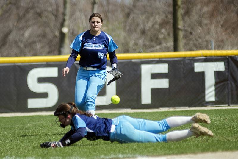 Bureau Valley's Liana Ledergerber heads towards the ball as Lesleigh Maynard dives to make a play against Rock Falls Saturday, April 16, 2022.