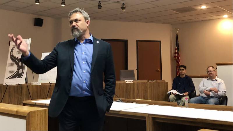 Sandwich Mayor Todd Latham addresses residents at pre-construction open house for the rebuild of North Latham Street at Sandwich city hall April 14.