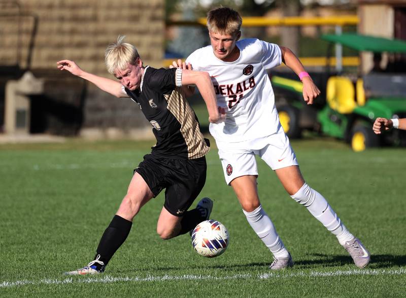 DeKalb's Brayden Adams and Sycamore's Paxton Nicol battle for possession during the El Classicorn rivalry game Tuesday, Oct. 7, 2025, at Sycamore High School.
