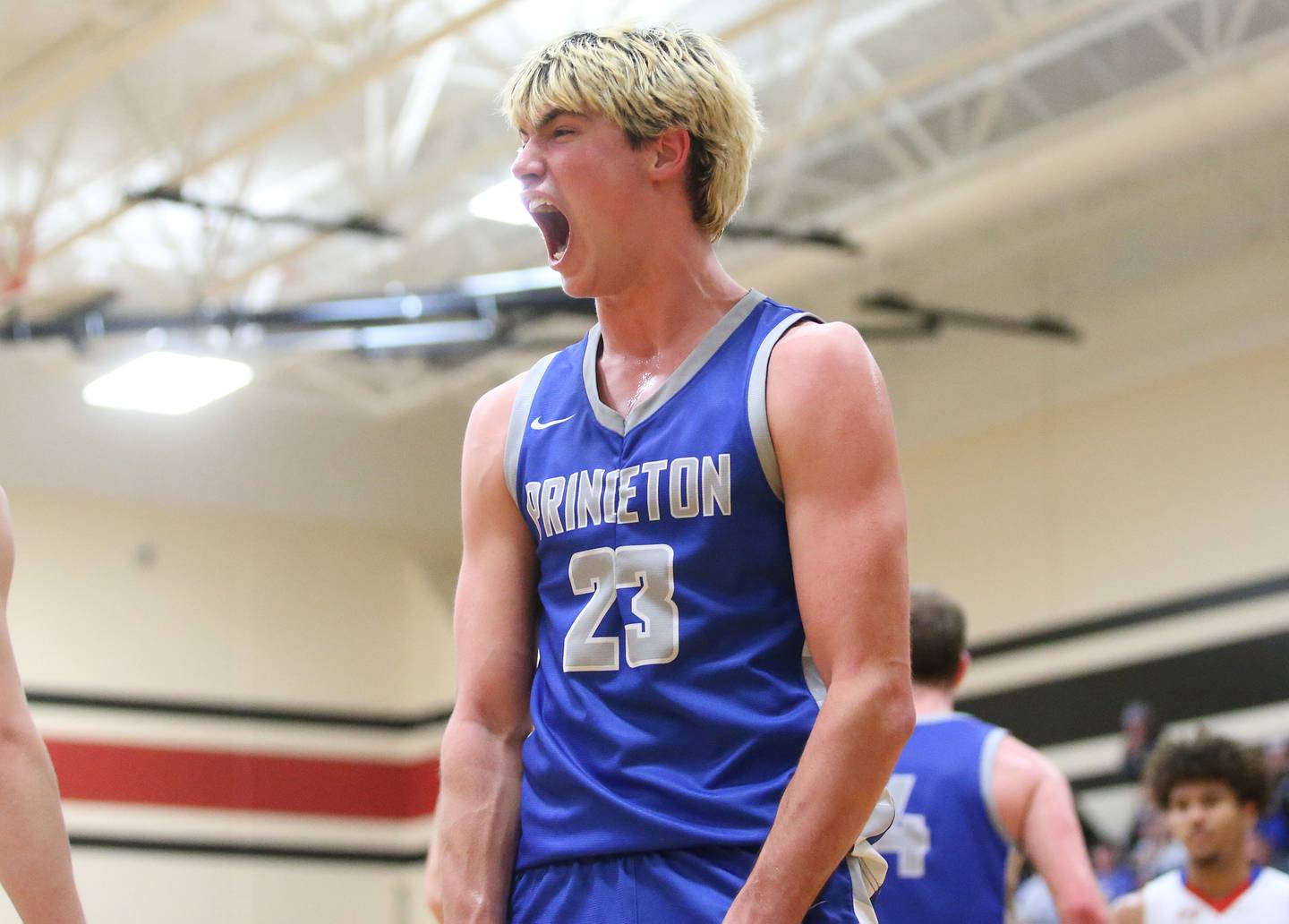 Princeton's Noah LaPorte reacts in the closing seconds of the game against Morrison during the Class 2A Regional final on Friday, Feb. 23, 2024 at Morrison High School.