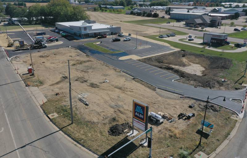 An aerial view of Aldi located at the intersection of Backbone and North Main Street on Thursday, Oct. 9, 2025 in Princeton. The store is expected to open next month. A Jersey Mikes Subs has also been confirmed on the site. Construction on the building should start either next week. The Princeton Jersey Mike's is slated to open in Spring 2026.