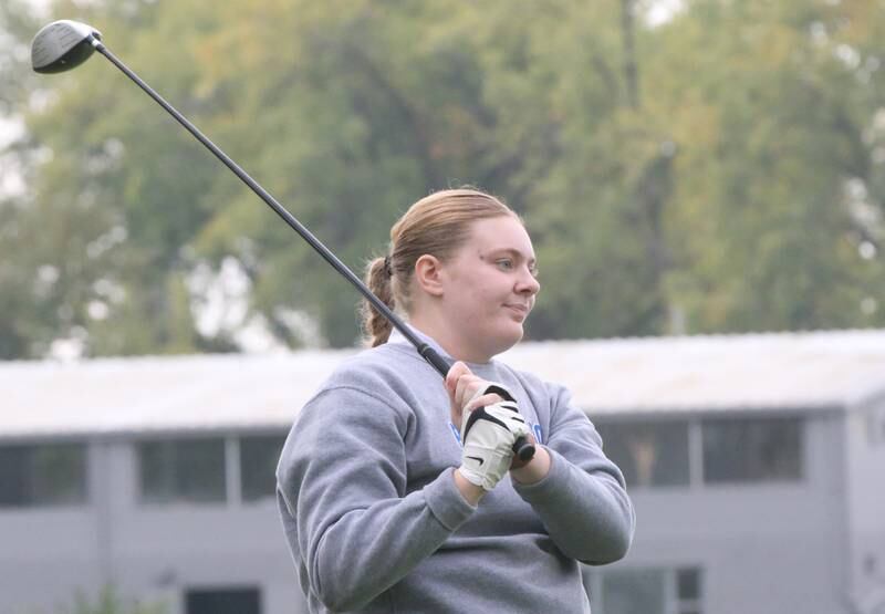 Princeton's Morgan Foes tees off during the Class 1A Regional golf meet on Thursday, Sept. 28, 2023 at Spring Creek Golf Course in Spring Valley.