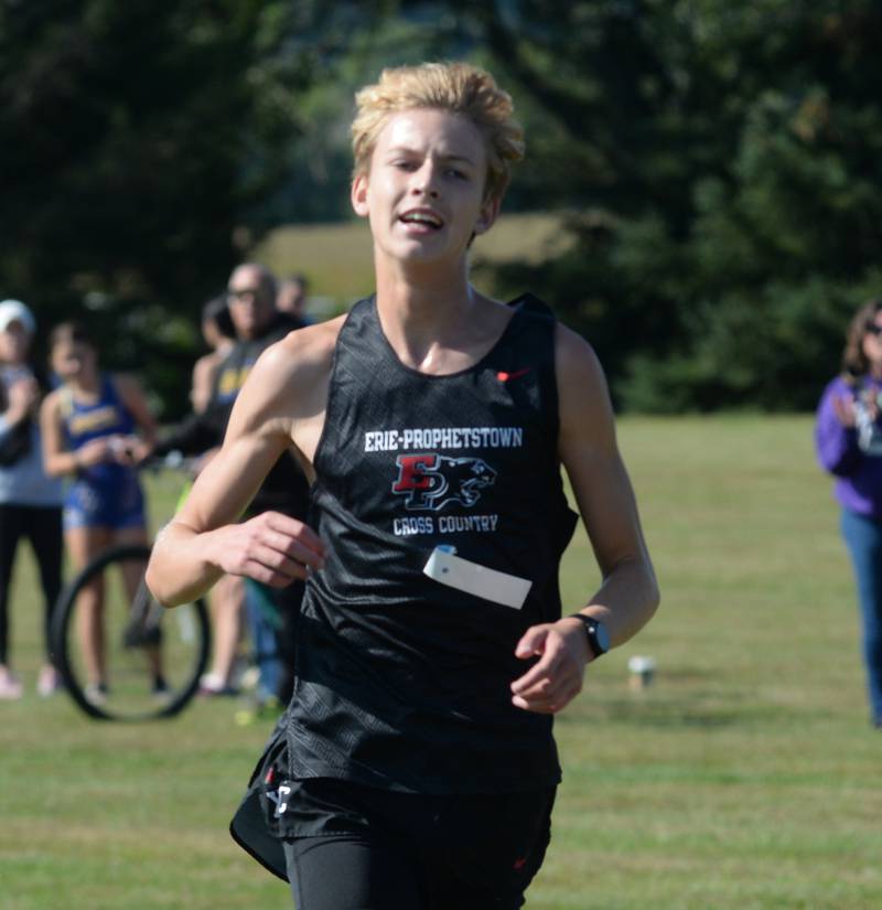 Erie-Prophetstown's Nathan Punke sprints to the finish line of the Oregon Cross Country Open on Saturday, Sept. 6, 2025 at Oregon Park West. Punke finished 29th in the race.