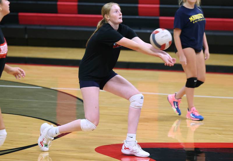 Indian Creek’s Allie Peterson receives a serve during practice Tuesday, Aug. 13, 2024, at the school in Shabbona.