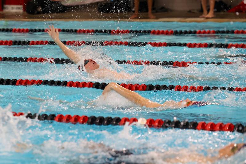 Bradley-Bourbonnais' Eli Swafford leads the 100-yard backstroke race during the All-City meet on Tuesday, Jan. 6, 2026. Swafford would take first with a time of 55.96 seconds, setting a new school record in the event.