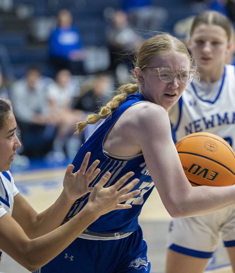 Princeton’s Danika Burden handles the ball against Newman Thursday, Jan. 15, 2026.