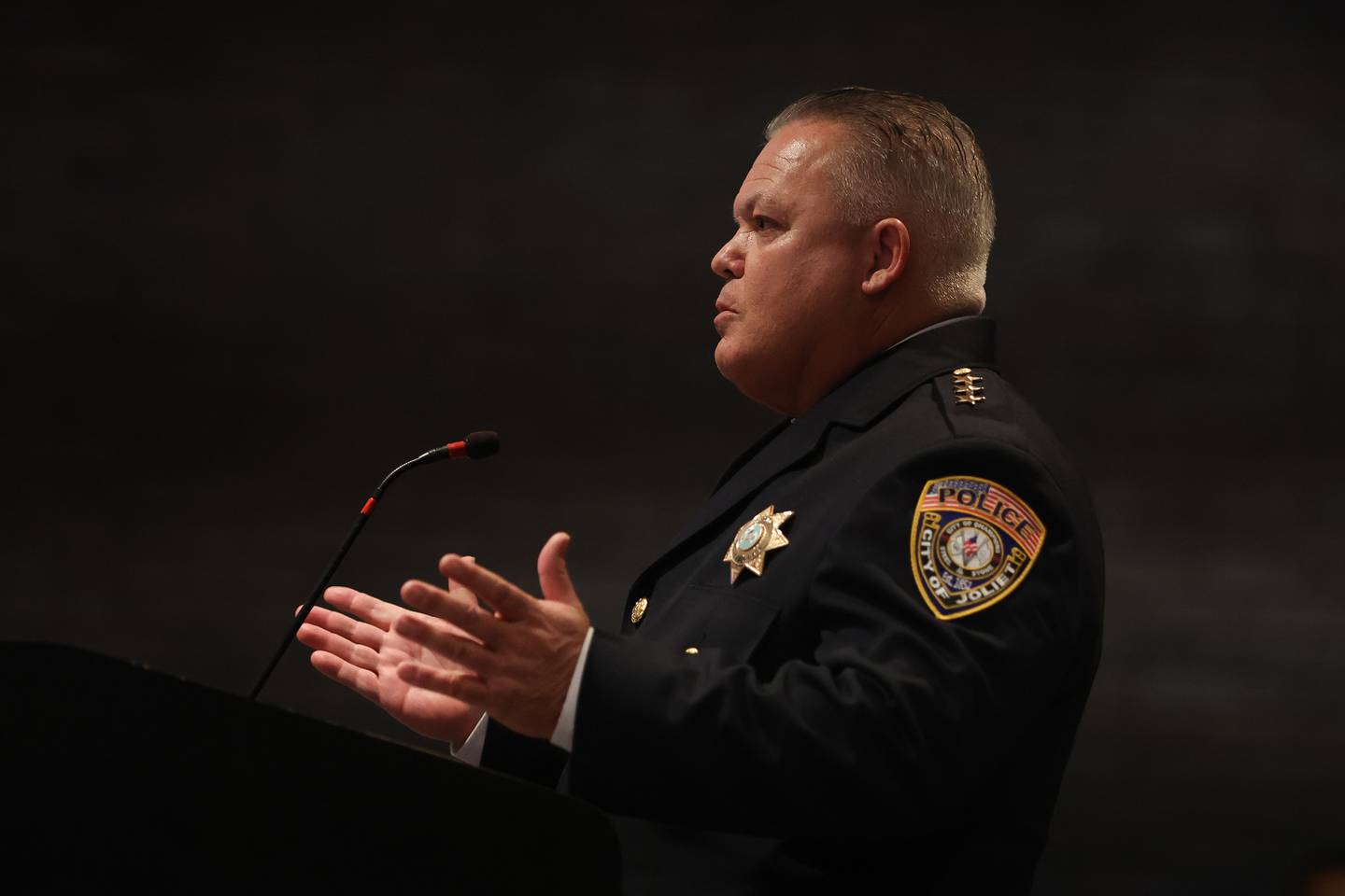 Joliet Police Chief William Evans shares a few words after being officially introduced as the new Joliet Police Chief at the Joliet City Council Meeting. Tuesday, Mar. 1, 2022, in Joliet.