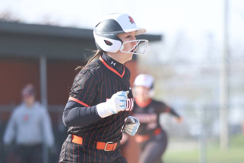 Minooka’s Chloe Miner draws a bases loaded walk against Joliet Catholic on Tuesday, April 7, 2026 in Minooka.