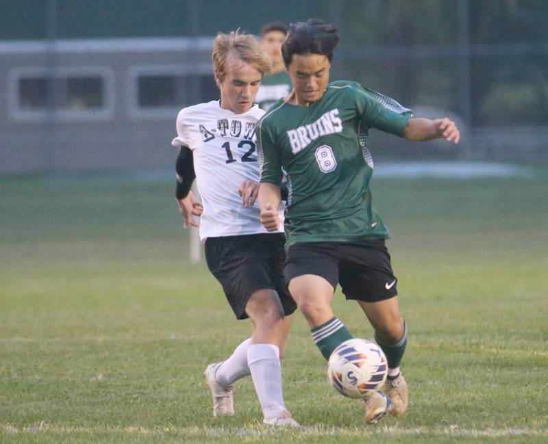 St. Bede's Aiden Kim gets the ball away from Abingdon-Avon's Isaac Rodeffer on Wednesday, Oct. 15, 2025 at St. Bede Academy.