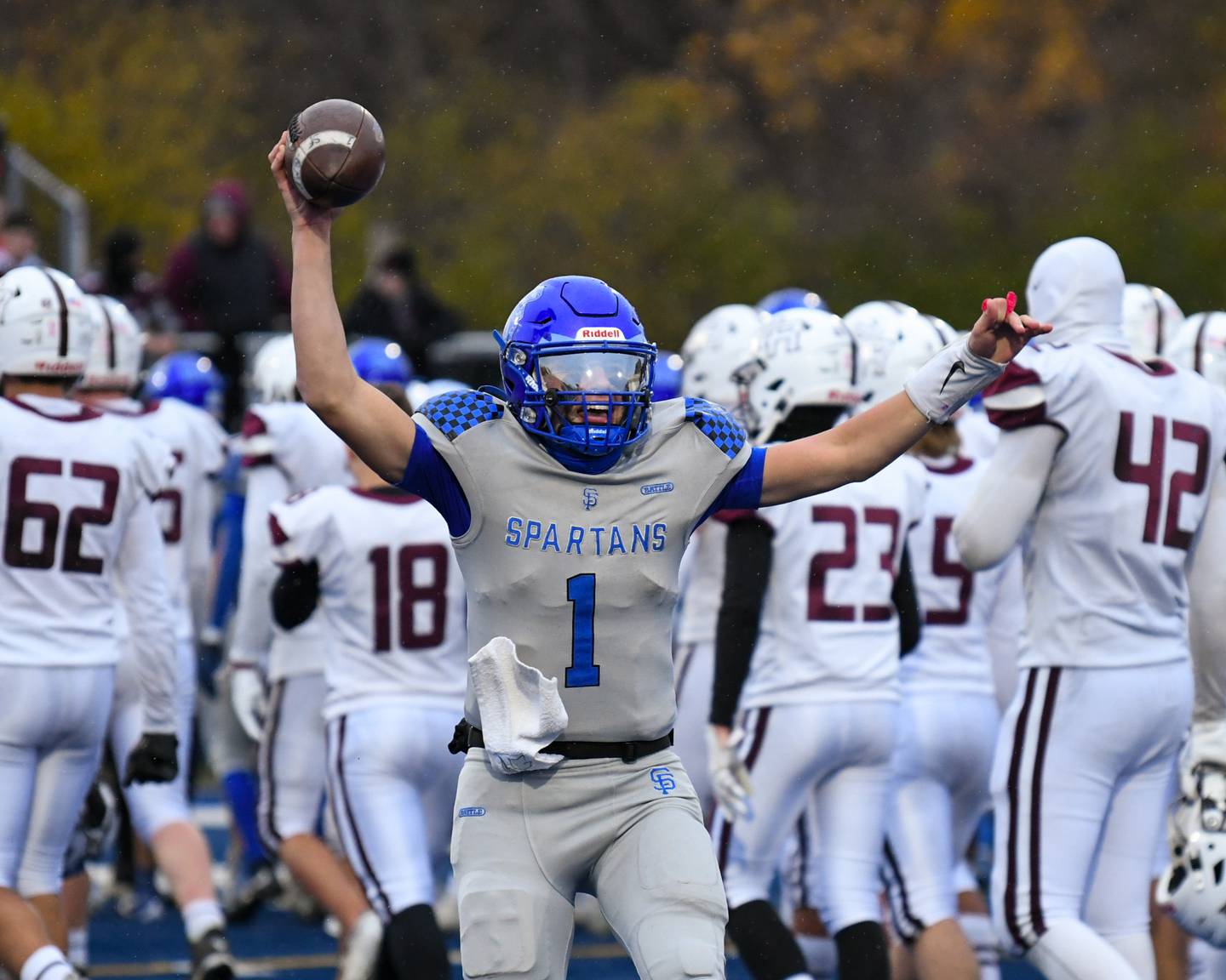 St. Francis's Brock Phillip (1) celebrates a victory over Prairie Ridge on Saturday Nov. 8, 2025, during the second round of the 5A playoff game held at St. Francis's High School.