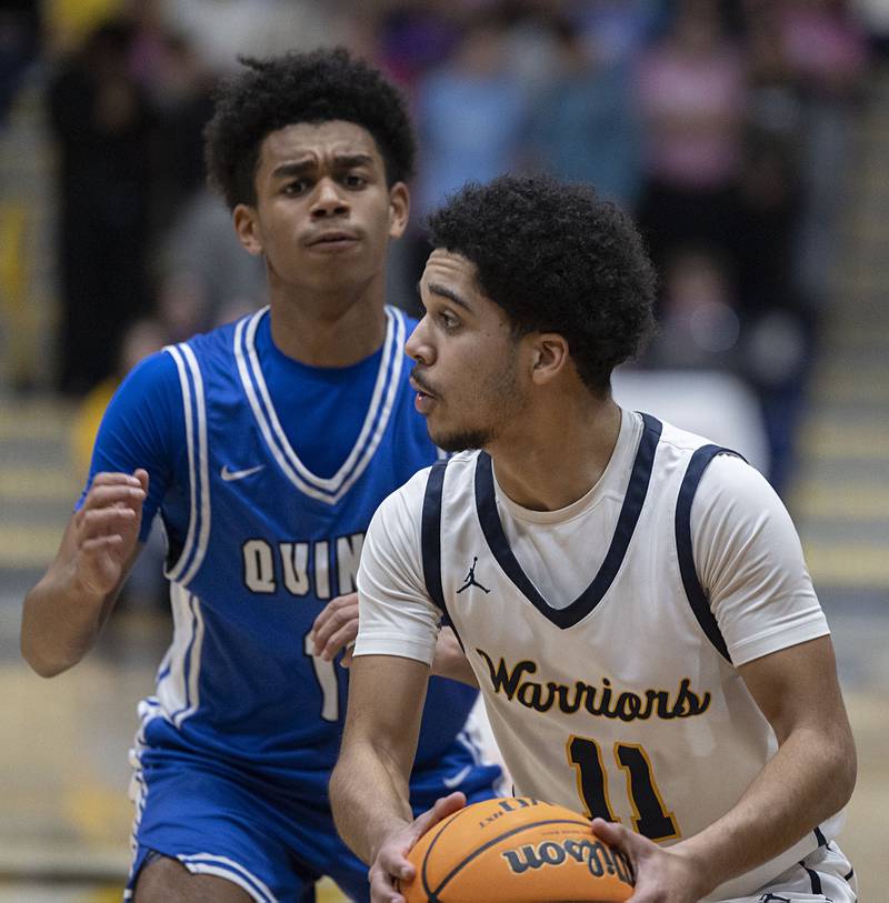 Sterling’s Quincy Maas handles the ball against Quincy Friday, Jan. 30, 2026.