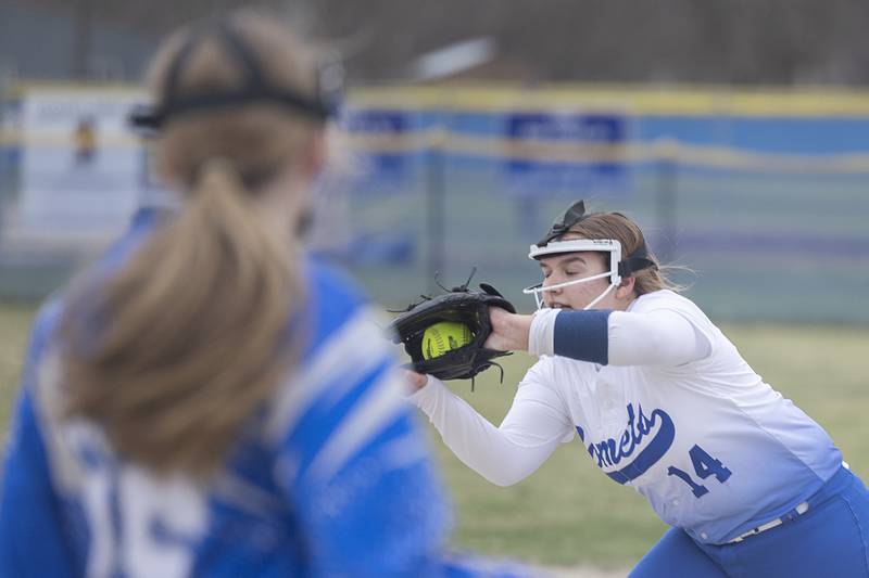 Newman’s Violet Anderson snags a liner against Lena-Winslow Wednesday, April 1, 2026.