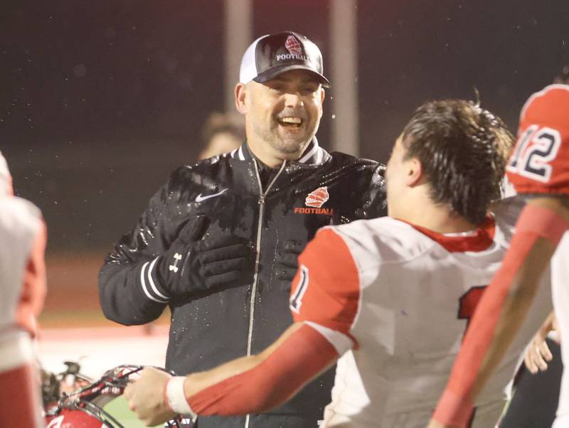 Amboy/LaMoille/Ohio head coach Scott Payne, reacts after winning the 8-man I8FA championship game on Friday, Nov. 21, 2025 at April Zorn Memorial Stadium in Monmouth.