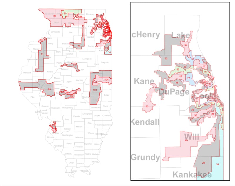 A lawsuit by House Republicans identifies 52 House districts Republicans allege are less compact than a House district the Illinois Supreme Court invalidated in 1981.