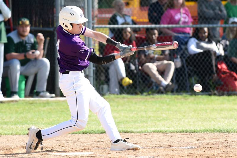 Manteno's Tyler Buehler hits a pitch during the Class 2A Beecher Sectional semiifnals against Bishop McNamara Thursday, May 29, 2025.