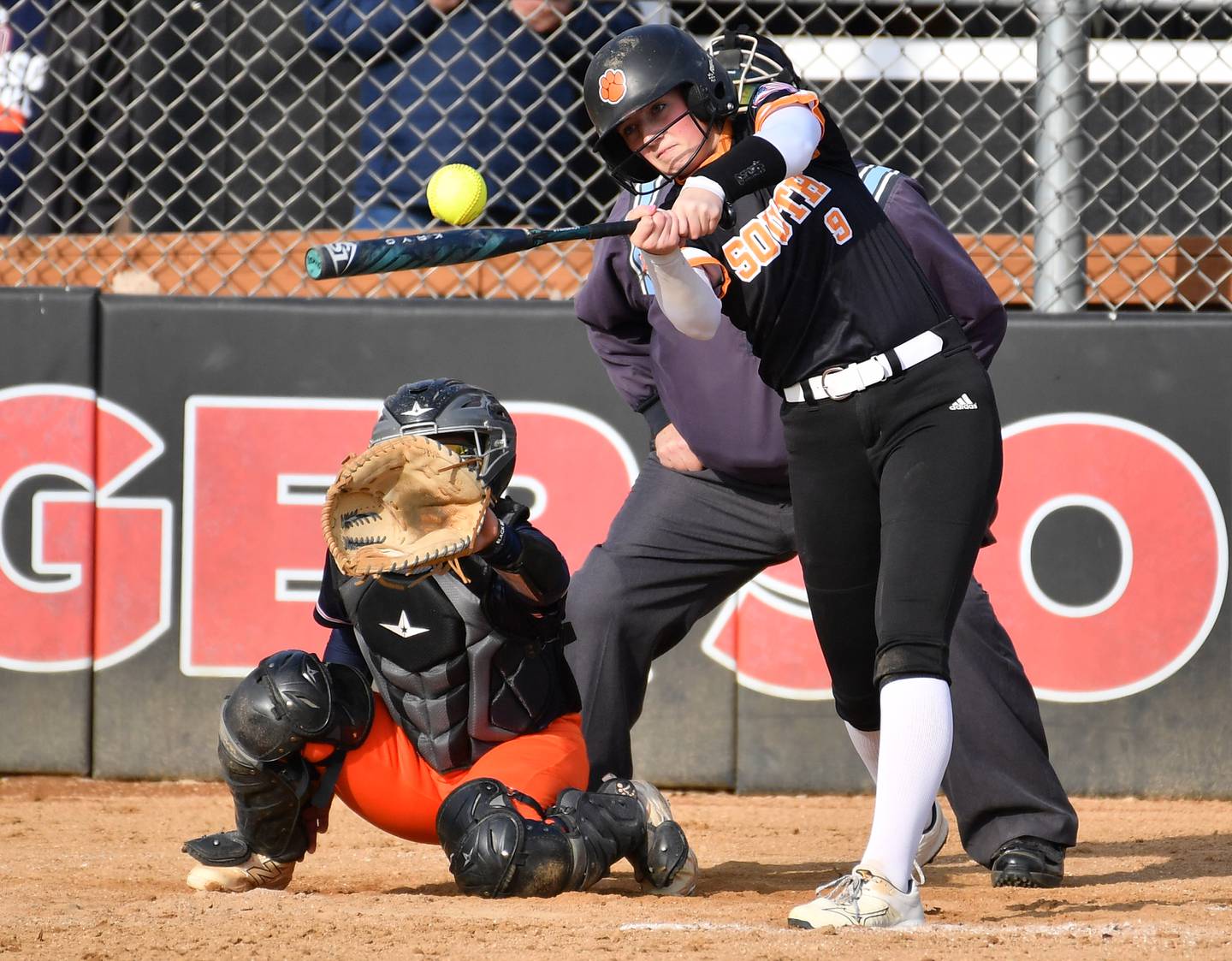 Wheaton Warrenville South’s Becca Chaney smashes a single to left field during a game against Oswego on April 10, 2025 at Wheaton Warrenville South High School in Wheaton.