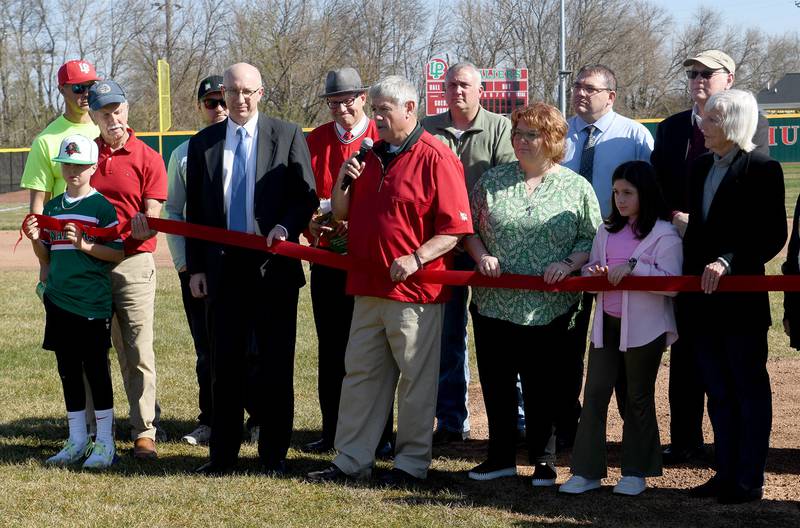 School Board President Greg Sarver  speaks before the ribbon cutting as they named the baseball field after his father Hubert “Huby” Sarver on Monday April 8, 2024.