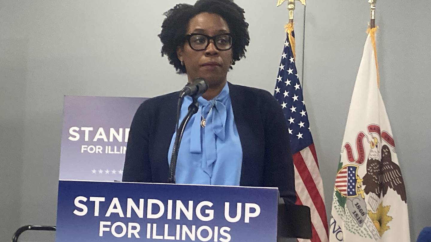 U.S. Rep. Lauren Underwood speaks at the Standing Up For Illinois tour at the Ovation Center in Romeoville on Thursday, March 20, 2025.