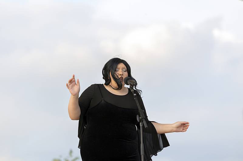 Performing Billie Eilish’s “No Time to Die,” Raven Sheridan takes the stage Thursday, Aug. 9, 2024 in the finals of Rock Falls Tourism’s Sauk Valley Talent Competition.