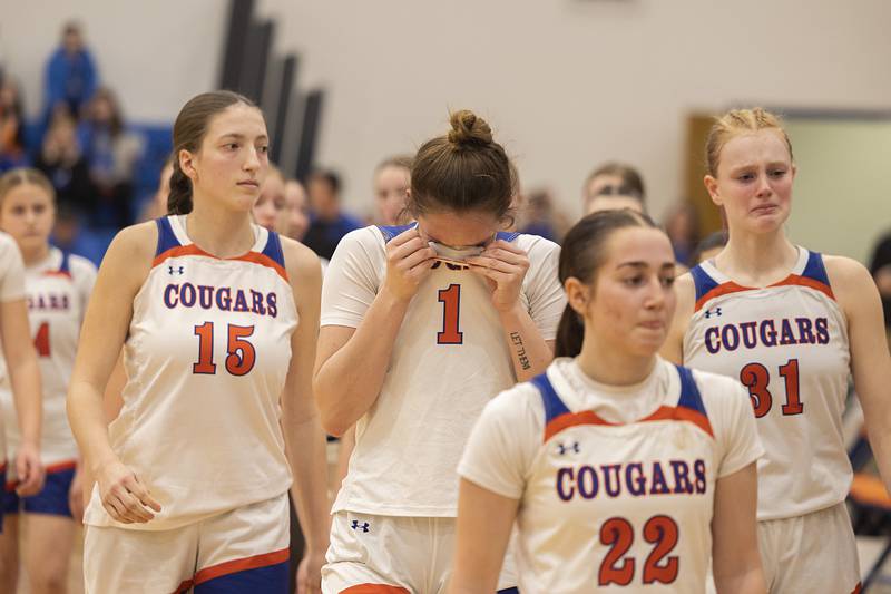 Eastland comes off the court following their 41-38 sectional semifinal loss to Wethersfield Tuesday, Feb. 24, 2026, in the Class 1A sectional at Eastland High School.