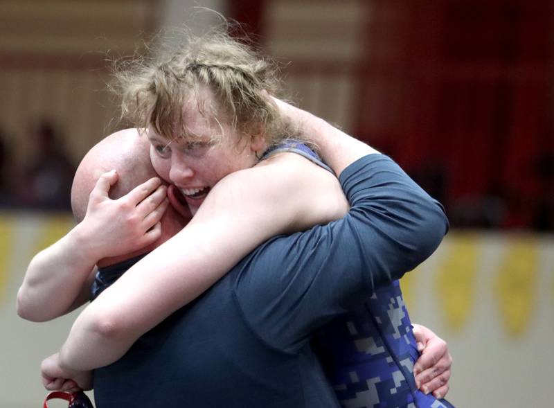 South Elgin’s Allison Garbacz celebrates after pinning Hinsdale South’s Callie Carr at 155 pounds in varsity girls IHSA Sectional wrestling on Saturday, February 14, 2026, at Schaumburg High School in Schaumburg.
