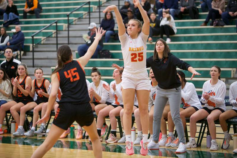 Batavia's Samantha Jansey shoots a three pointer against Wheaton Warrenville South at the Class 4A Regional Final on Friday, Feb.26,2024 in Bartlett.