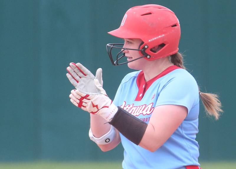 Ottawa's Aubrey Sullivan reacts after reaching second base on Monday, April 21, 2025 at the L-P Athletic Complex in La Salle.