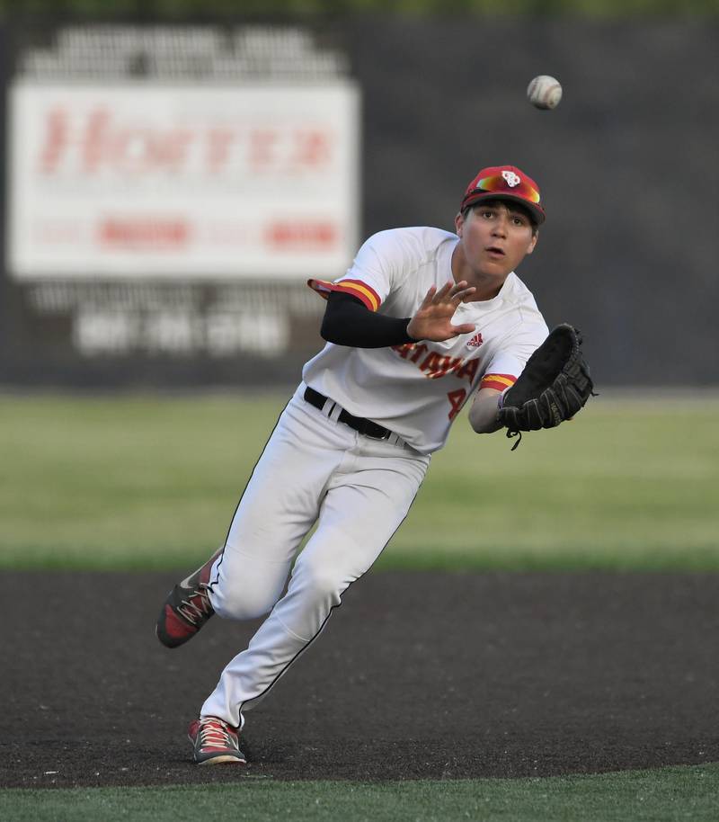 Batavia third baseman Jacob Aseltine gloves an infield bouncer and throws out Wheaton Warrenville South’s Luke Scherrman in a Class 4A sectional semifinal game in Elgin on Wednesday, May 31, 2023.