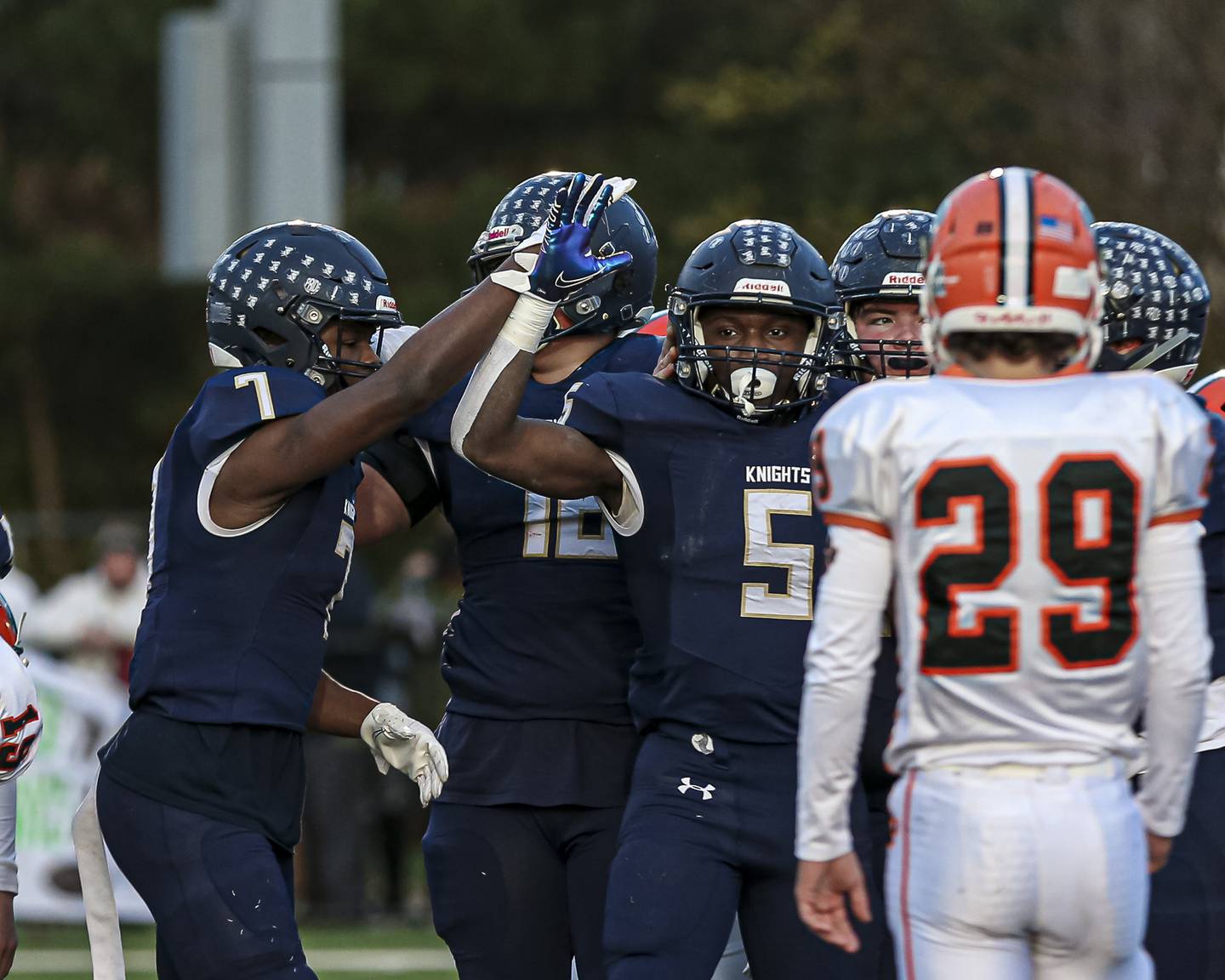 IC Catholic Prep's Malik Gray (5) celebrates his touchdown run during Class 3A semifinal game between Byron at IC Catholic Prep.  Nov 20, 2021.