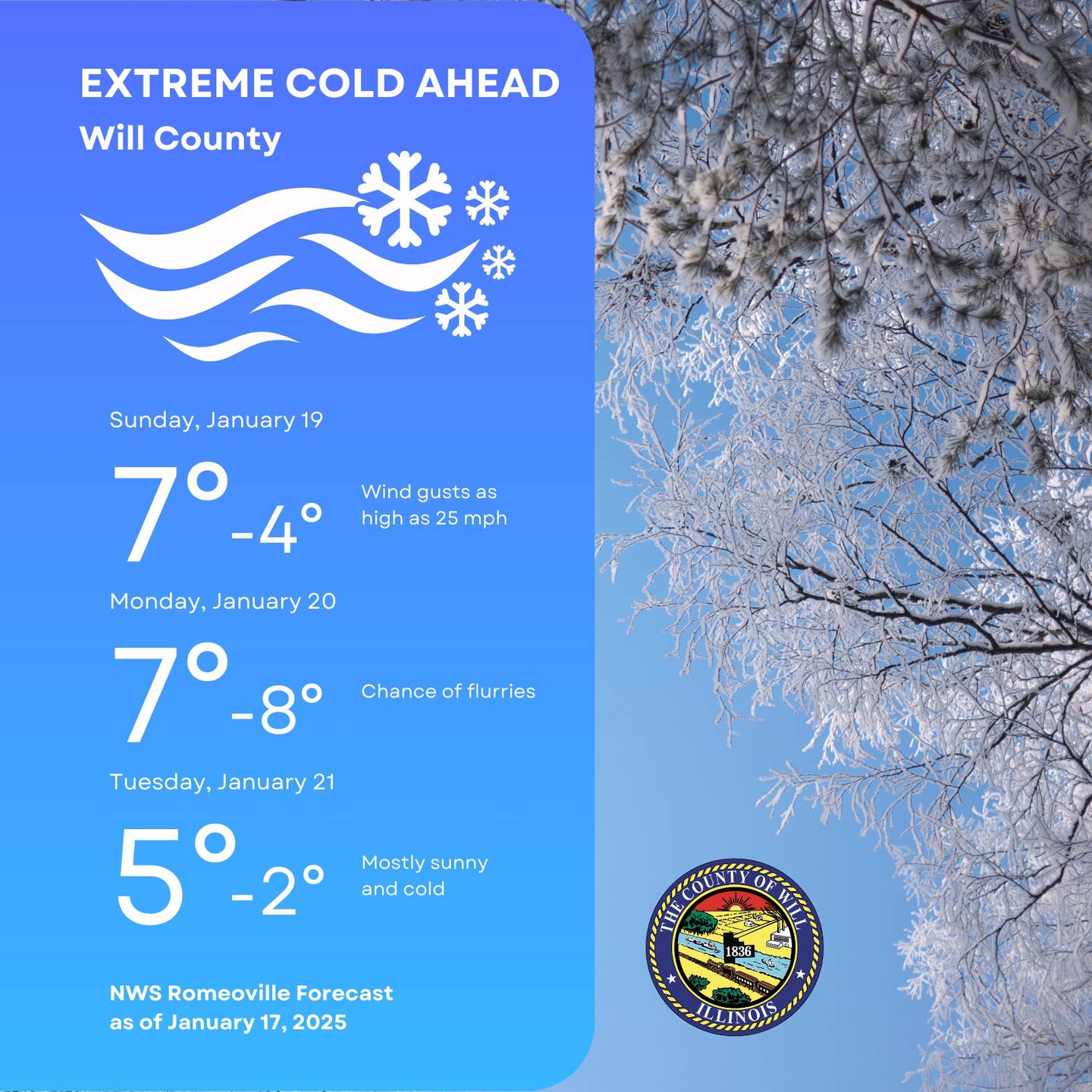 The Will County area is in for a deep freeze over the Martin Luther King Jr. holiday weekend, Jan. 19-20, 2025.