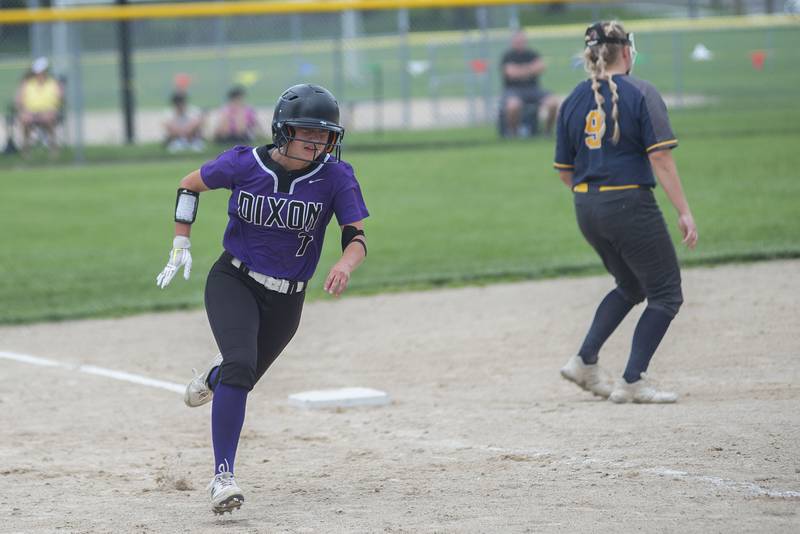 Dixon’s Bailey Tegeler heads for home in a big inning for the Duchesses Saturday, May 28, 2022 against Sterling.