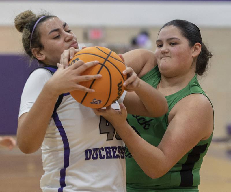 Dixon's Hallie Williamson and Rock Falls’ Ari Reyna fight for a ball Friday, Jan. 31, 2025, at Dixon High School.