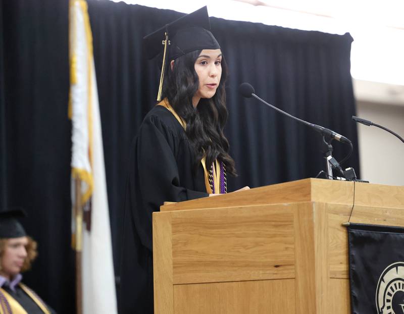 Student speaker Kaleigh Ibarra addresses her fellow classmates during commencement ceremonies Sunday, May 28, 2023, at Sycamore High School.