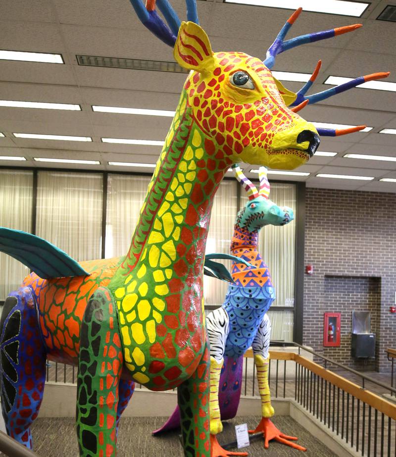 Two of the alebrijes, Goliath, (left) by Edgar Israel Camargo Reyes, and El Baron, by Alberto Moreno Fenandez, Thursday, Feb. 29, 2024, in Founders Memorial Library at Northern Illinois University in DeKalb.