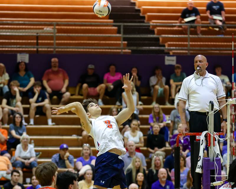 Oswego's Lucas Thacker (9) goes up for the spike during Downers Grove North Regional final match between Oswego at Downers Grove North. May26, 2022.