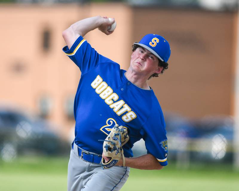Somonauk's Landon Johnson (20) pitches during the game on Tuesday May 13, 2025, during the game while taking on Newark High School held at Somonauk High School.
