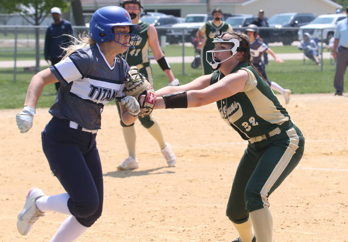 St. Bede's Maddy Dalton tags out Annawan/Wethersfield's Paige Huffman for the final out in the Class 1A Regional final game on Saturday, May 20, 2023 in Annawan.