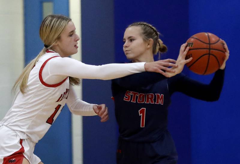 Huntley’s Anna Campanelli tries to steal the ball from South Elgin’s Addison Tinerella on Tuesday, Nov. 21, 2023, during a basketball game in the Dundee-Crown High School Girls Thanksgiving Tournament in Carpentersville.