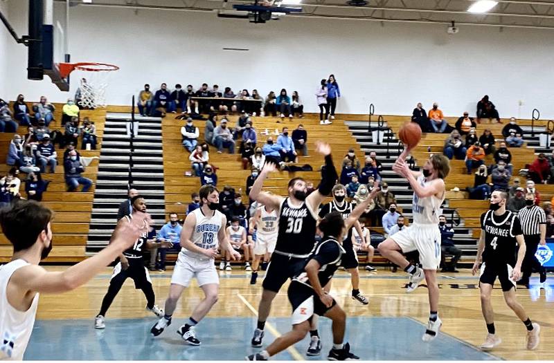 Bureau Valley senior Carter Salisbuy pulls up for a second-half runner against Kewanee Friday night at the Storm Cellar.