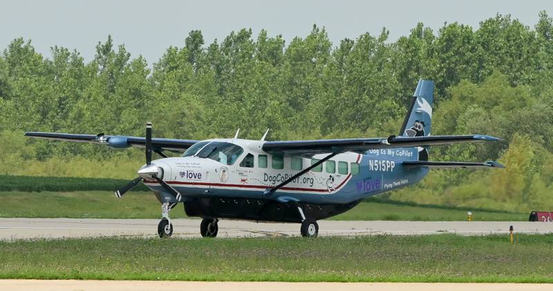 A Dog Is My CoPilot flight lands at the Aurora Municipal Airport to deliver dogs and cat rescued from the recent flooding in Texas to Chicago area animal rescues on Thursday, Jul 24, 2025 in Sugar Grove.