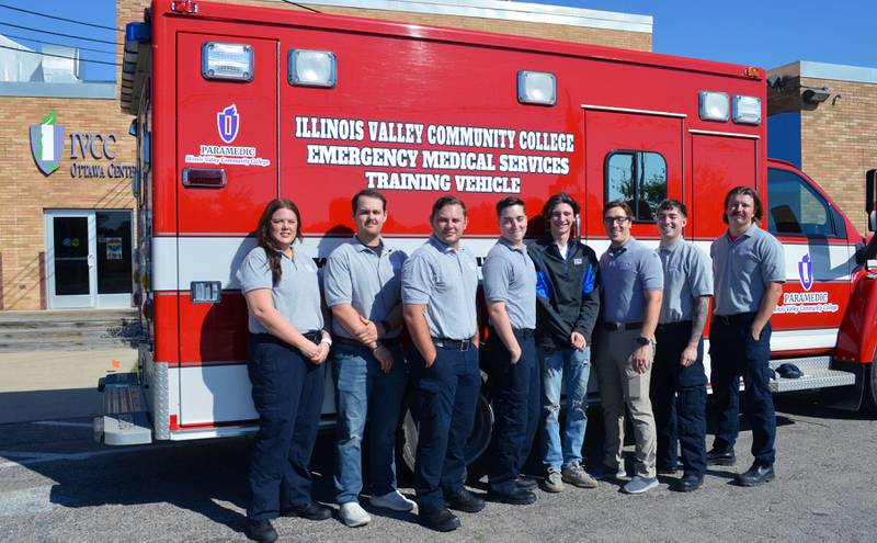 The first eight students to graduate from Illinois Valley Community College’s Ottawa Center paramedic course are: (from left) Lauren Bangert, Brady Mitchell, Tyler Walsh, Tristan Beck, Clayton Wellenreiter, Caleb Beck, Brandon Bice and Dylan Kimak. Responding to concerns by Illinois Valley fire and ambulance services, IVCC worked to expand the course to the Ottawa site and accelerate the timeline to get trained professionals in the field faster.