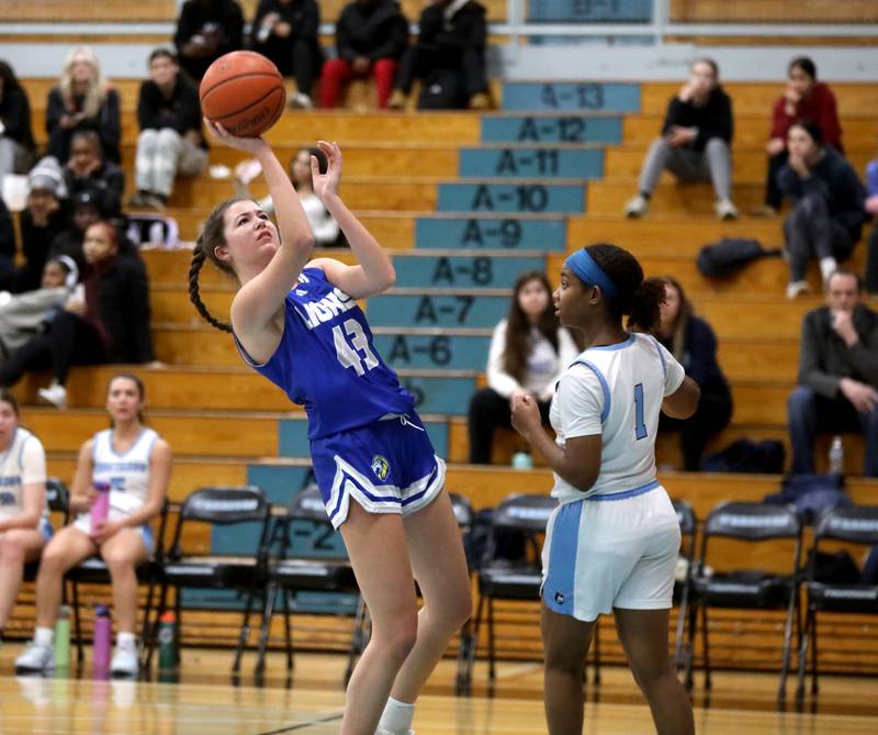 Lyons Township's Emma O'Brien shoots the ball during the West Suburban Conference championship game against Downers Grove South on Thursday, Feb. 13, 2025 at Willowbrook High School.