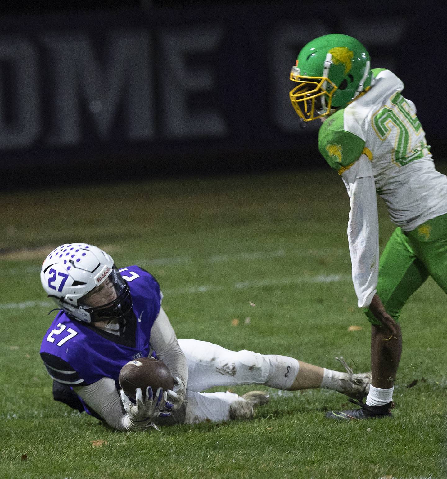Dixon’s Eli Davidson hauls in a pass at the one-yard line against Chicago Ag Science Friday, Nov. 8, 2024 in the second round of the Class 4A football playoffs.