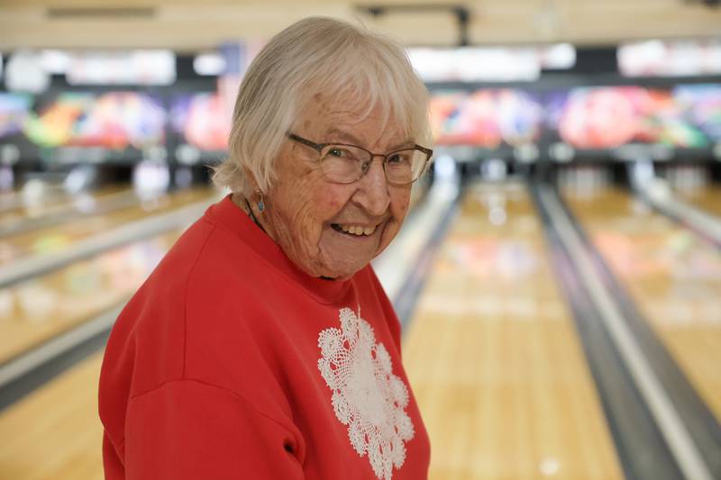 Betty Orlando poses for a photo at Laraway Lanes on Monday, Oct. 30, 2023 in New Lenox. Betty, who turns a 100 in December, and her late husband Mike started Monday Senior Bowling Night in 1980.