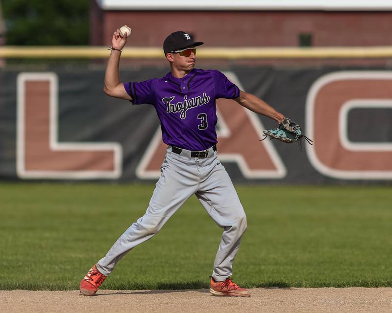 Downers Grove North's Carlos Sanchez (3) throws to first for an out during Class 4A Sectional Final Championship game between Downers Grove North at Waubonsie Valley.  May 31, 2024