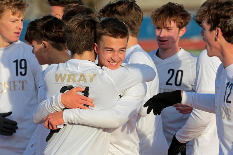 Benet celebrates their 2-0 win over Crystal Lake South on Saturday, Nov. 9, 2019 during the IHSA Class 2A Boys State Soccer Finals at Hoffman Estates High School in Hoffman Estates, Ill.