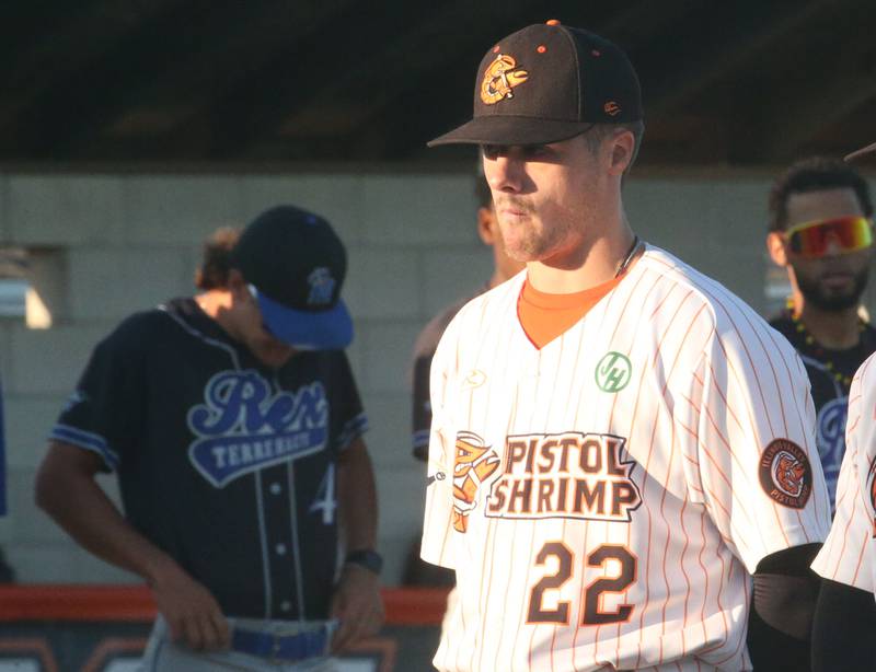 Pistol Shrimp's Jared Herzog of Ottawa, stands to be recognized before the Prospect League Championship Series against Rex on Wednesday, Aug. 7, 2024 at Schweickert Stadium in Peru.
